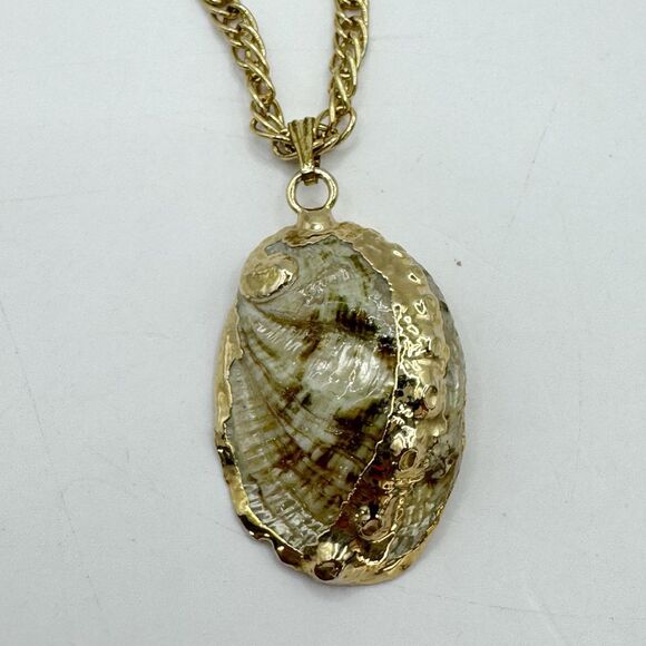 Vintage Gold Dipped Abalone Shell Long Necklace Coastal Beachy Bohemian 27” - Picture 1 of 11